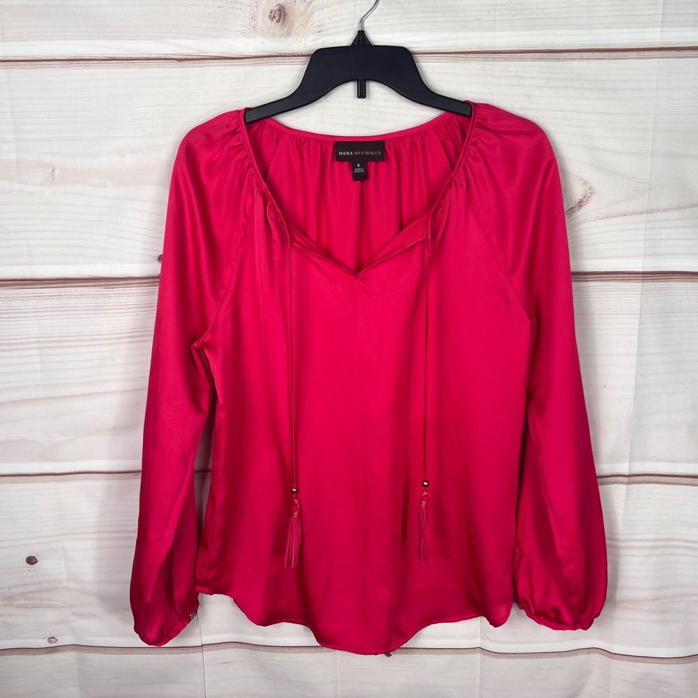 Dana Buchman Top Womens S Pink Satin Blouse Long Sleeve Tassels Solid Pullover